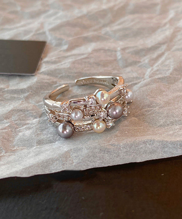 Stylish Pearl Zircon Double Tier Opening Adjustable Copper Rings