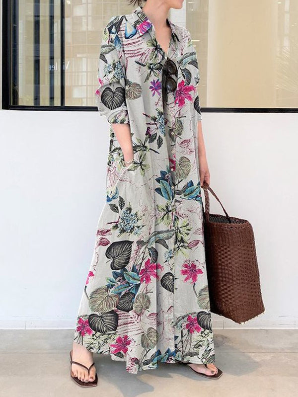 Loose Printed Split-joint Lapel Maxi Dresses Shirt Dress