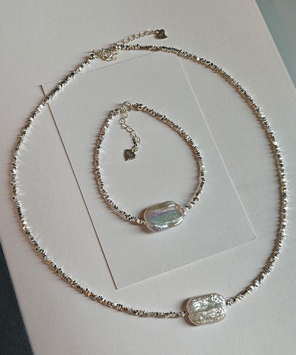 Silver Asymmetric Pearl Adjustable Two Piece Set Pendant Necklace