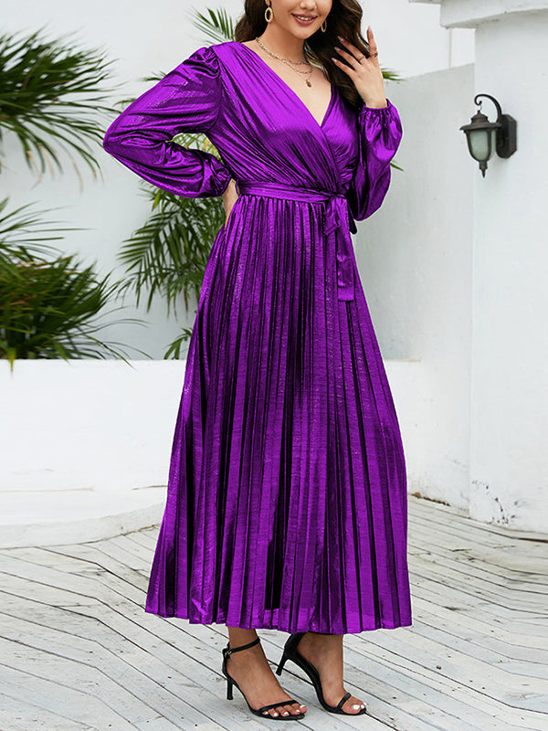 High Waisted Long Sleeves Bronzing Elasticity Pleated Color Tied Waist Deep V-neck Maxi Dresses