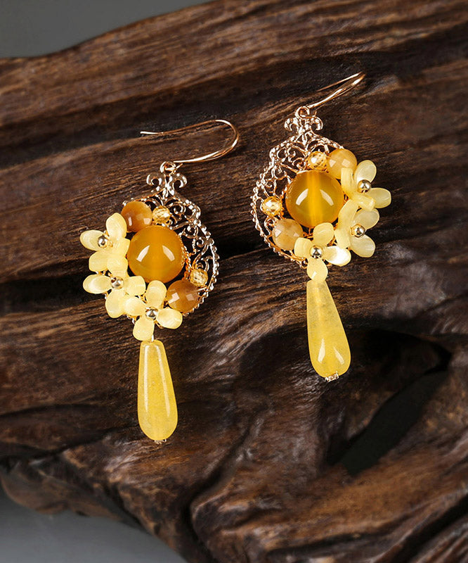 Unique Yellow Jade Sterling Silver Yellow Agate Drop Earrings