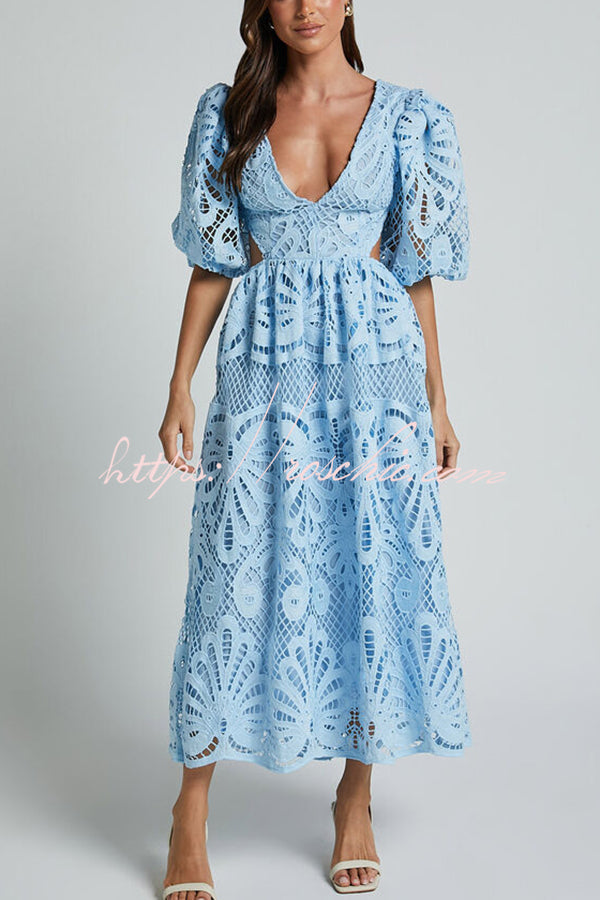 Color V Neck Hollow Lace Waistless Maxi Dress