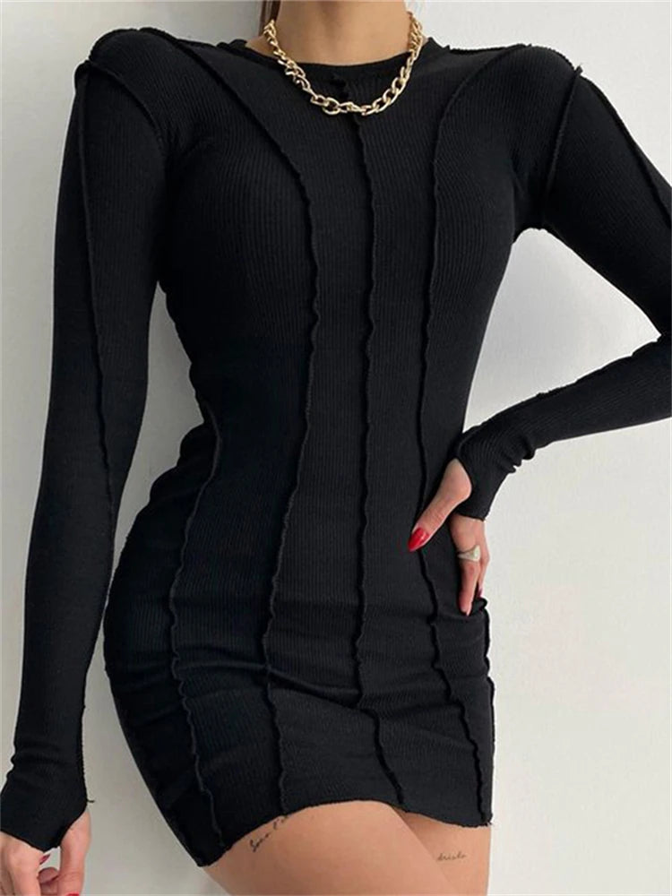 Screw Thread Mini Dress for Spring Ribbed Long Sleeve Bodycon Dresses Pink Streerwear Elastic Vestidos