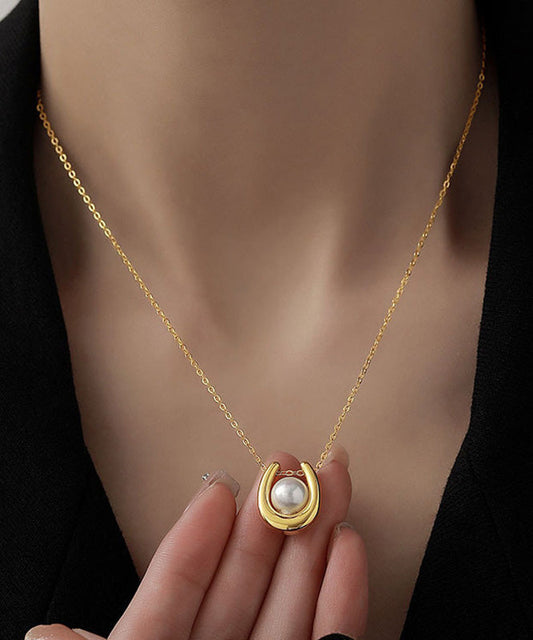 Stylish Gold Sterling Silver Overgild U-shape Pearl Lariat Necklace