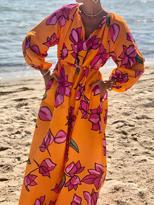 A-line Long Sleeves Flower Print Pockets Tied Waist V-neck Maxi Dresses