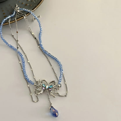 Baby Blue Copper Zircon Crystal Butterfly Water Drop Tassel Pendant Necklace