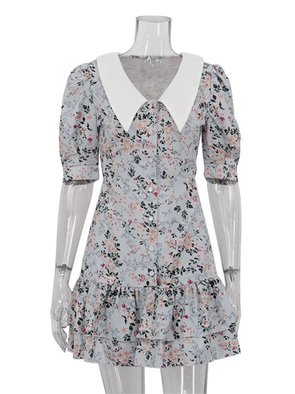 Printed Ruffled V-neck Mini Dress Female Short Sleeve Slim High Waist Party Dress ’s Summer Dress New