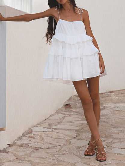 High Waisted Loose Backless Layered Pleated Color Tied Spaghetti-neck Mini Dresses