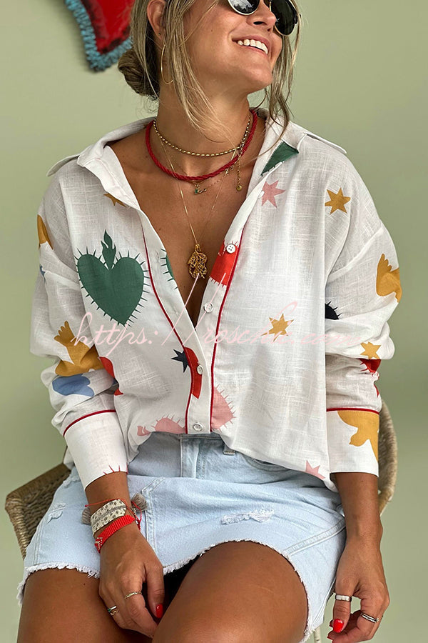 Cue the Sunshine Linen Blend Unique Print Button Long Sleeve Loose Blouse