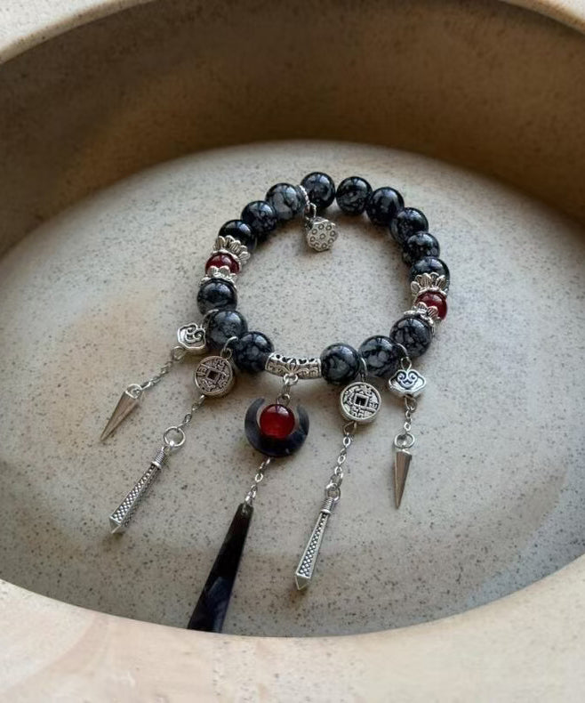 Boutique Black Sterling Silver Crystal Gem Stone Tassel Charm Bracelet