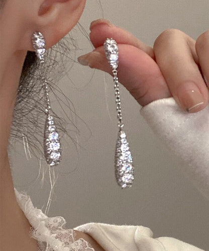 Silk Sterling Silver Zircon Water Drop Tassel Drop Earrings
