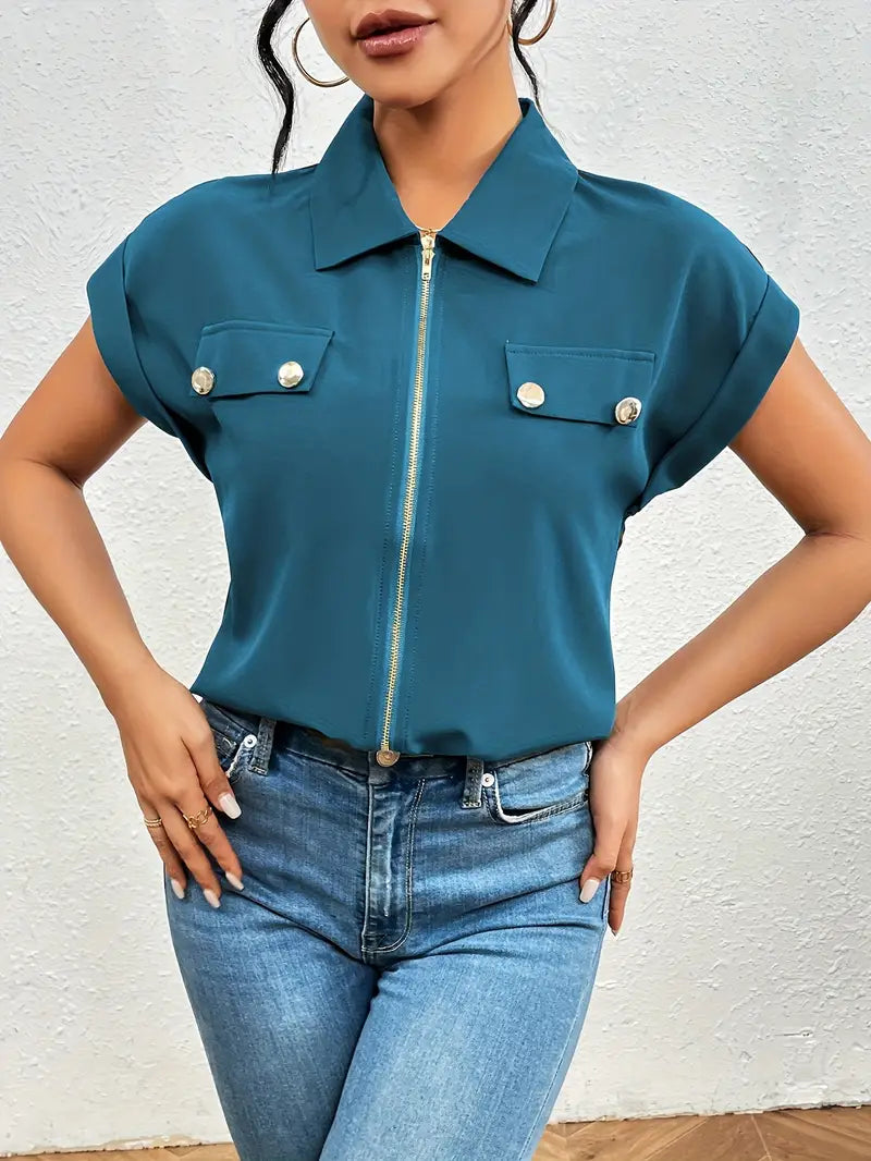 Safira - Zip-front Short Sleeve Blouse