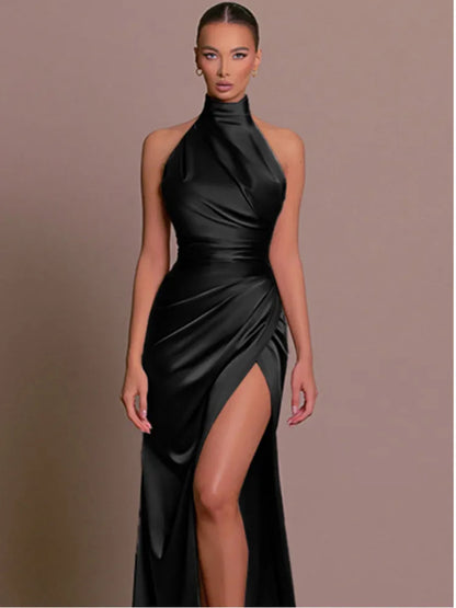 Satin Hanging Collar Sleeveless Split Slim Fit Dress Slim Summer New Long Dress Party Evening Dress