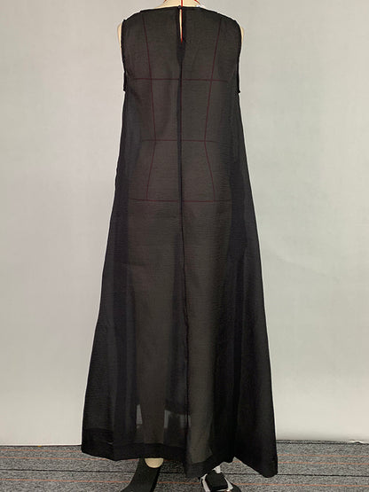 A-line Loose Pockets See-through Color Round-neck Cover-up Midi Dresses