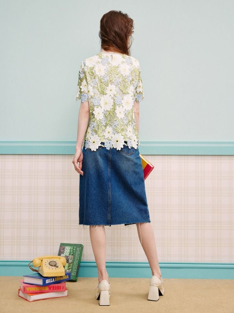 Boutique Green O-neck Hollow Out Embroidery Short Sleeve Blouse