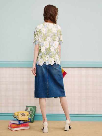 Boutique Green O-neck Hollow Out Embroidery Short Sleeve Blouse