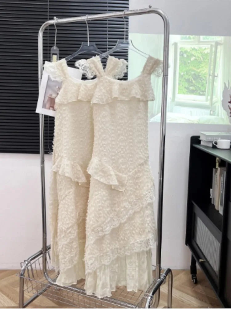 Korean Lace Midi Dress Spring Summer New A-line Ruffles Holiday Beach Dress Y2k Prom Robe Vestidos