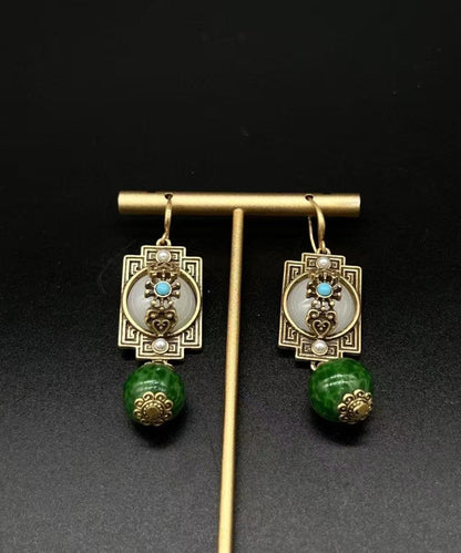 Green Ancient Gold Turquoise Safety Lock Pearl Drop Earrings