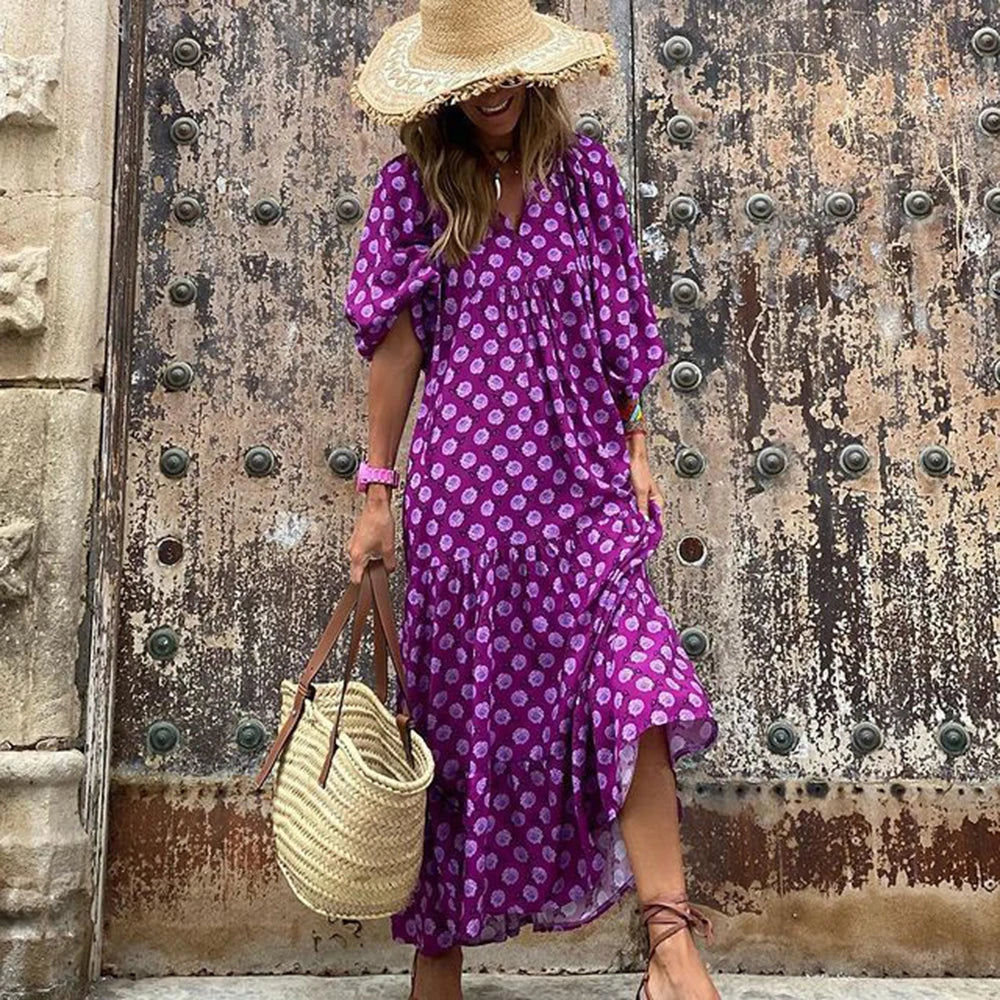 Puff Sleeve Maxi Dress Print V-neck Loose Holiday Beach Party Vestidos