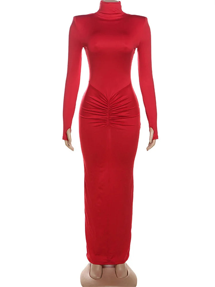 Autumn Turtleneck Skinny Long Dress ’s High Waist Long Sleeve Patchwork Party Dress Female Maxi Dress