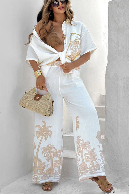 Coconut Palm Linen Blend Unique Print Oversized Shirt and Elastic Waist Pocket Loose Pants Set