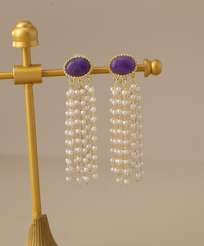 Purple Alloy Pearl Resin Tassel Drop Earrings