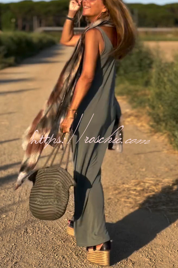 Color V-neck Sleeveless Loose Maxi Dress