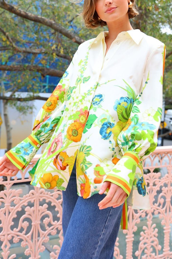 Satin Print Back Tie-up Button Down Oversized Blouse