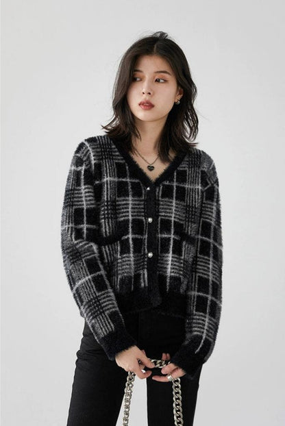 Plaid Fuzzy Cropped Cardigan