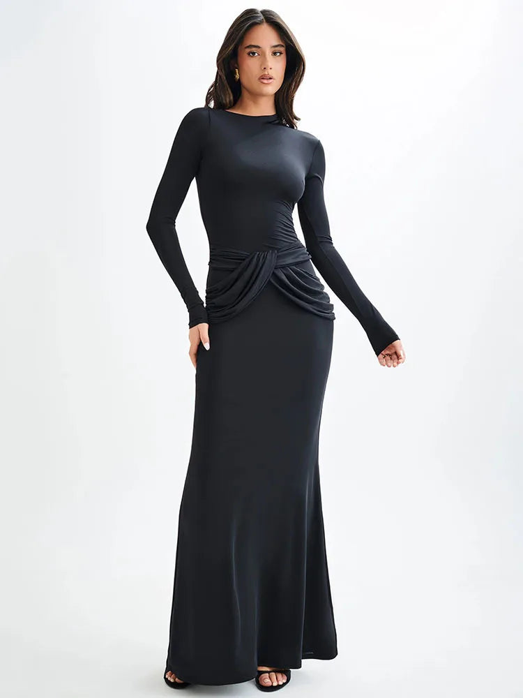 Long Sleeved Elastic Tight Long Dress Bodycon Pleated Evening Dress Slimming Party Club Vestido Fall