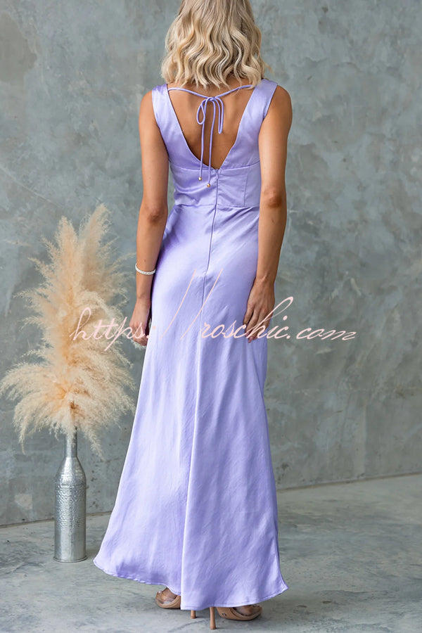 Muse Satin Color Cowl Neck Back Tie-up Maxi Dress