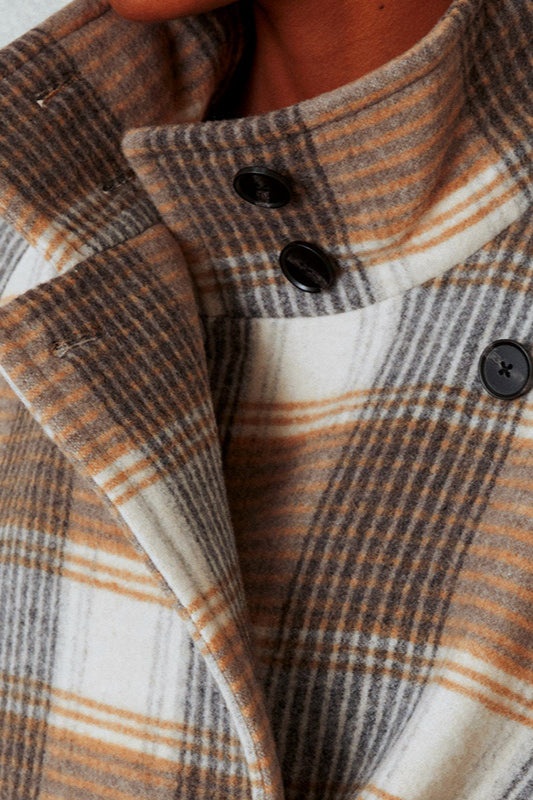 Plaid Woolen Color Blocking Cinched Overcoat