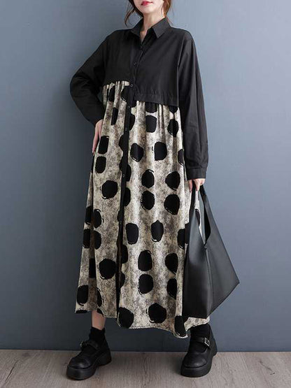 A-line Long Sleeves Asymmetric Buttoned Polka-dot Split-joint Lapel Midi Dresses Shirt Dress