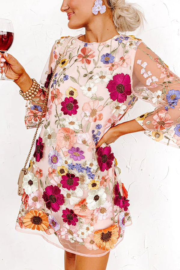 Dahlia Dreaming Embroidered Applique Half Sleeve Mini Dress