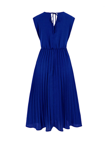 Sleeveless Pleated Color Tied Waist V-neck Midi Dresses