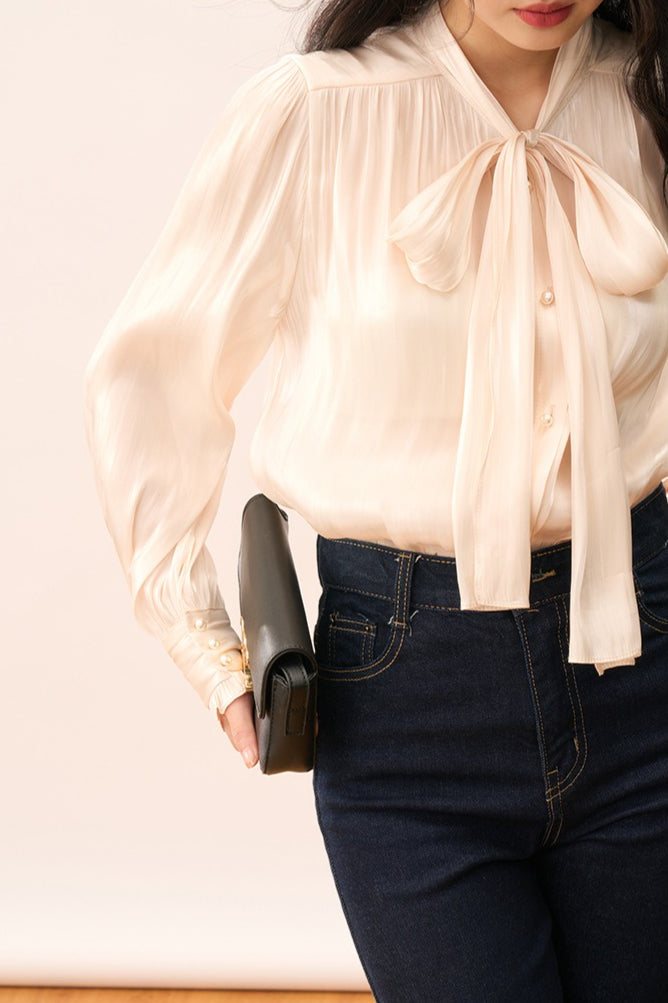 Shiny Ribbon-tie Romantic Blouse