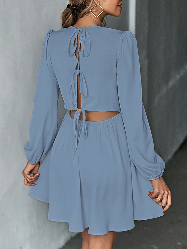 A-line Bishop Sleeve Backless Elasticity Hollow Pleated Color Tied Round-neck Mini Dresses