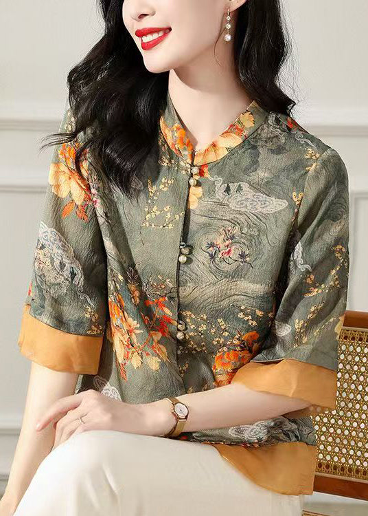 Green Stand Collar Print Silk Tops Bracelet Sleeve