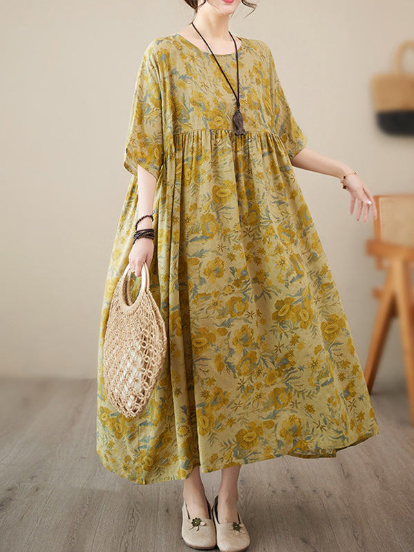 Loose Raglan Sleeve Printed Pleated Split-joint Round-neck Midi Dresses