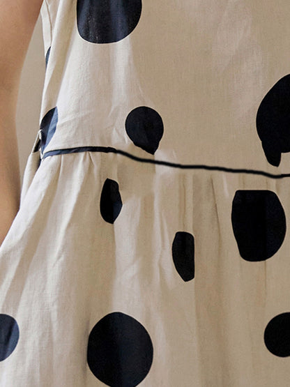 Loose Sleeveless Contrast Color Pleated Polka-dot Split-joint Tied Waist Round-neck Midi Dresses