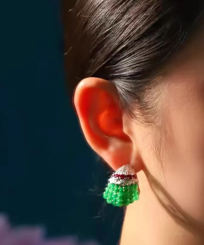 Green Sterling Silver Beading Hoop Earrings