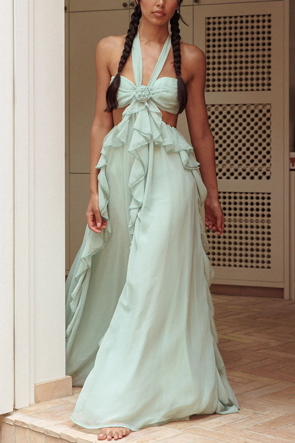 Vacation Halter Rose Detail Cut Out Ruffles Backless Maxi Dress