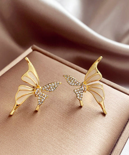 Gold Copper Alloy Zircon Butterfly Stud Earrings