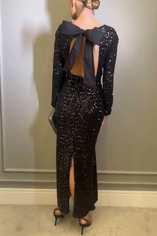 Looking to Party Sequin Padded Shoulder Backless Bow Design Maxi Dress