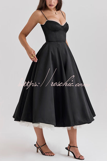 Fairytale Vibe Satin Patchwork Tulle Sweetheart Neck Pocket Stretch Midi Dress