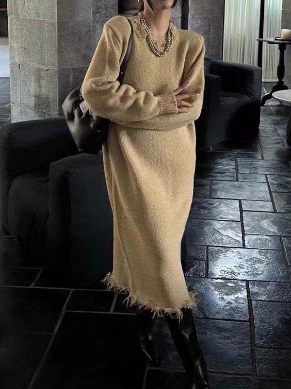 High Waisted Long Sleeves Fringed Color Round-neck Midi Dresses Sweater Dresses