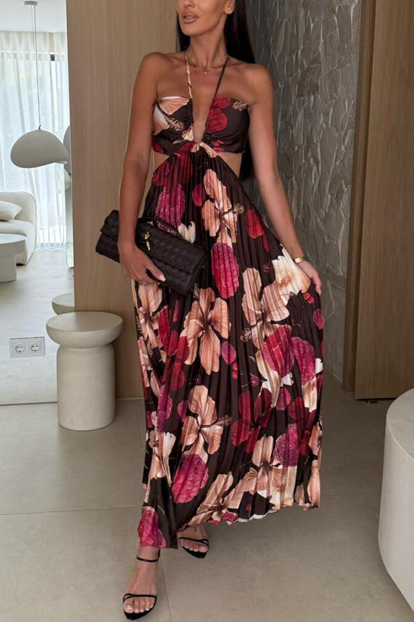 Casey Satin Print Cutout Halter Back Tie-up Pleated Maxi Dress