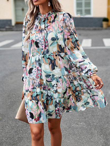 A-line High Waisted Printed Split-joint Tied Mock Neck Mini Dresses