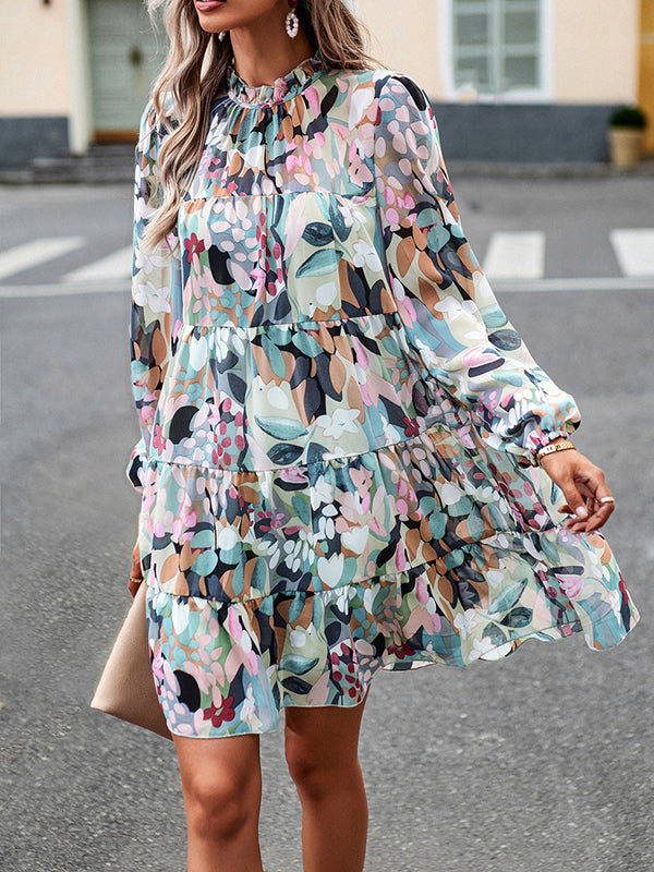 A-line High Waisted Printed Split-joint Tied Mock Neck Mini Dresses