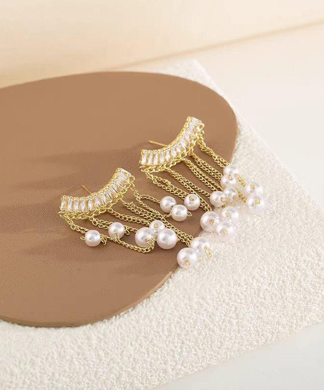 Gold Copper Overgild Pearl Tassel Drop Earrings